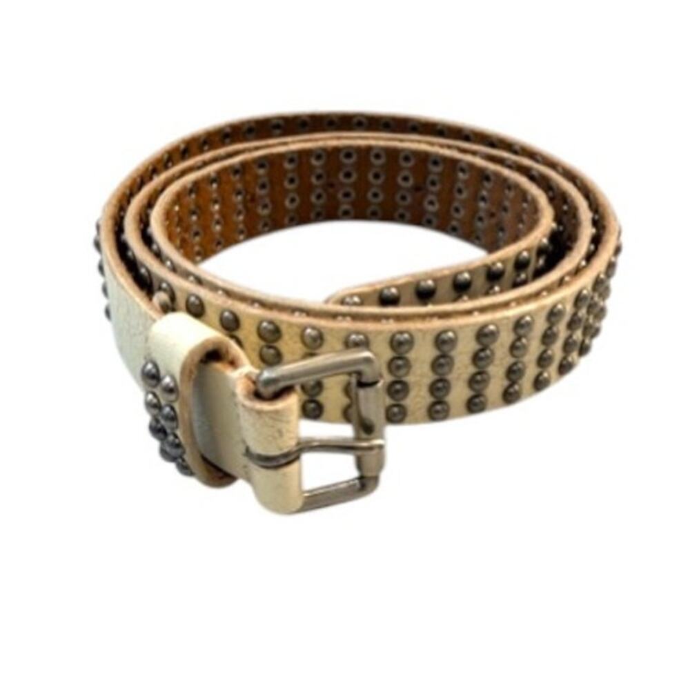White Cream Studded Leather Belt Medium 31.5-37 Western Boho 1” Y2K - Picture 2 of 9